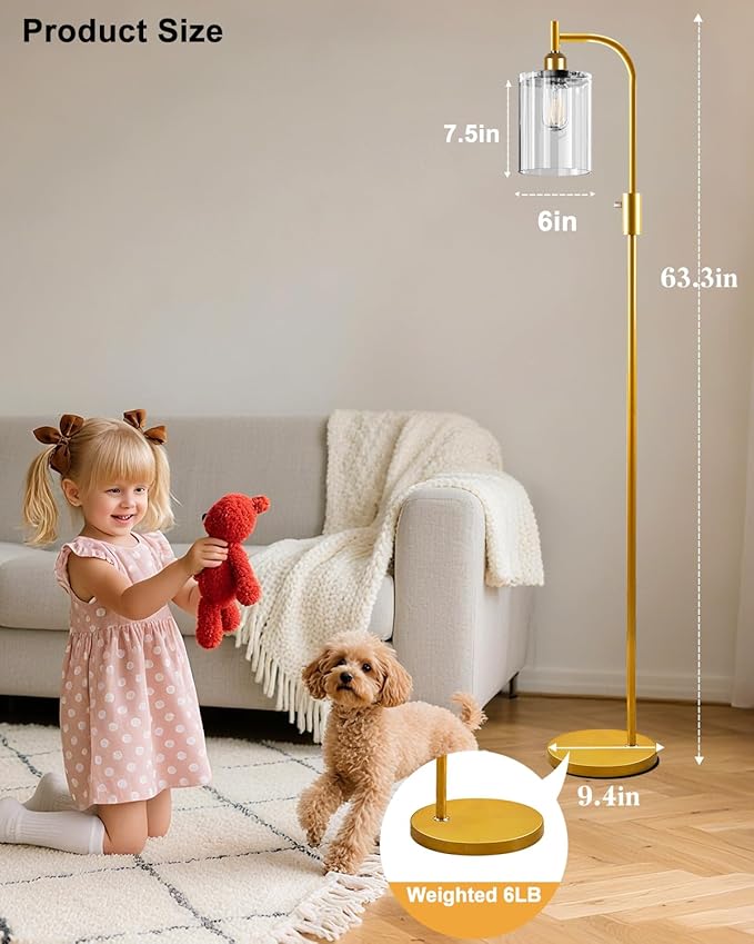 Lightdot 63IN Glass Floor Lamp for Living Room, Dimmable Gold Floor Lamps with Clear Glass Shade, Mid Century Modern Standing Lamps with Bulb Included for Bedroom/Sofa Beside/Corner Decor-Gold