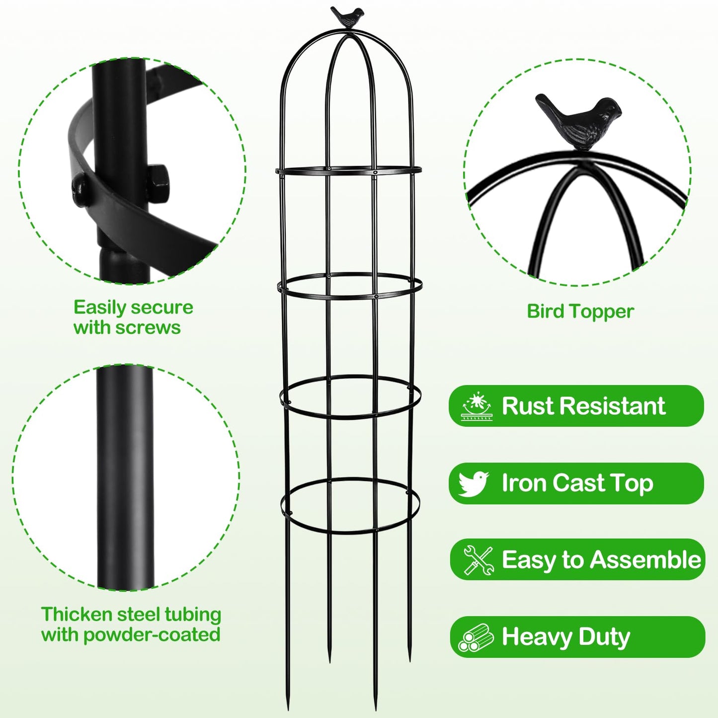 HEYTIMI 2 Pack 6 Ft Heavy Duty Metal Garden Obelisk Trellis for Climbing Plants, Rust‑Resistant Black Steel Vine Support for Rose Clematis Jasmine, Potted Flower Stand Indoor & Outdoor Decor (Bird)