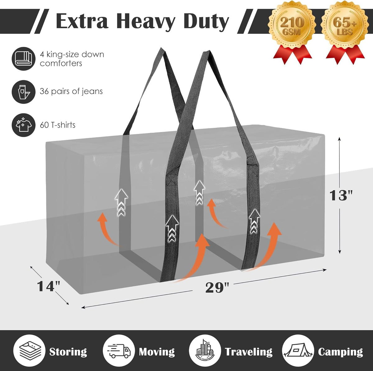 Skiennix 6 Pack Moving Bags - Extra Large 93L Waterproof Storage Totes for Home & College | Black
