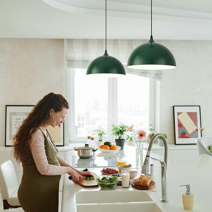 Green Plug in Pendant Light 2 Packs 11.8inch, Farmhouse Pendant Light, Kitchen Pendant Light, Pendant Lights Kitchen Island, Hanging Lights with Plug in Cord for Kitchen 14.7 ft
