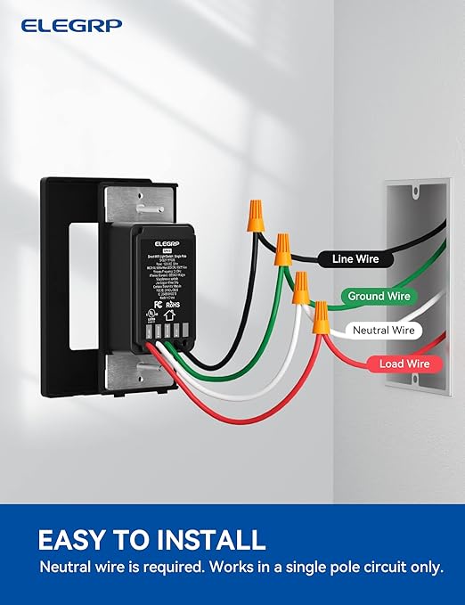 ELEGRP Smart Light Switch, 2.4GHz Wi-Fi Light Switch Compatible with Alexa & Google Assistant, Neutral Wire Required, APP Control and Timer Schedule, UL Certified,Single Pole, Black, 1 Pack