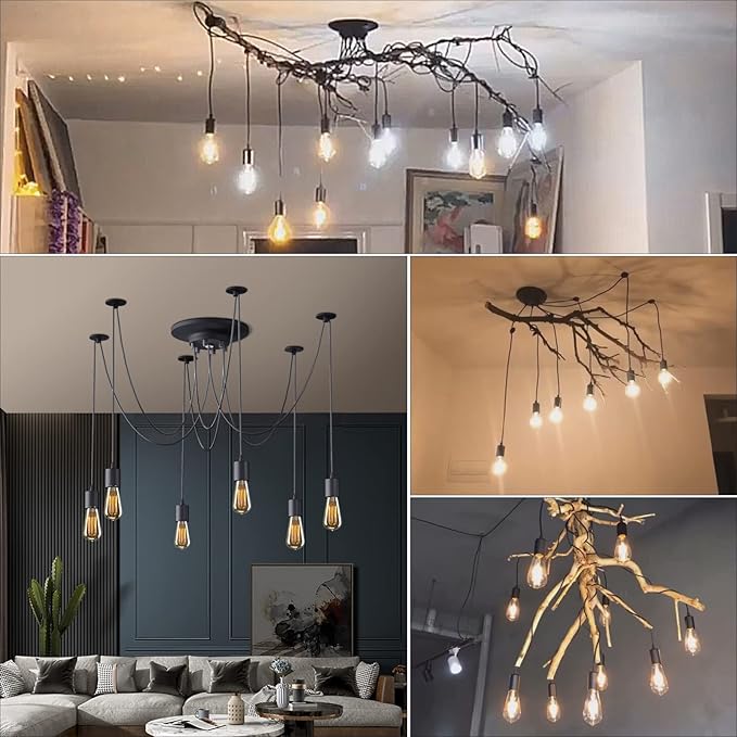 Fuloon Vintage Edison Multiple Ajustable DIY Ceiling Spider Lamp Light Pendant Lighting Chandelier Modern Chic Industrial Dining with Romote Control (6 Head Cable 200cm/78.7inch Each)