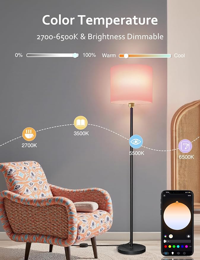 YHW Floor Lamps for Living Room Compatible with Alexa Google, Standing Lamp Tall Lamps for Living Room Bedroom Office Classroom Dorm Room. (Pink)