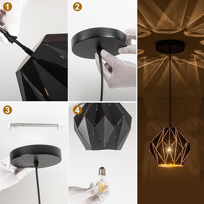 Industrial Pendant Lights Kitchen Island,Black Hanging Lighting Fixture with Metal Geometric Diamond Shade Vintage Ceiling Chandelier Pendant Lamp for Dining Living Room Bedroom 1 Light