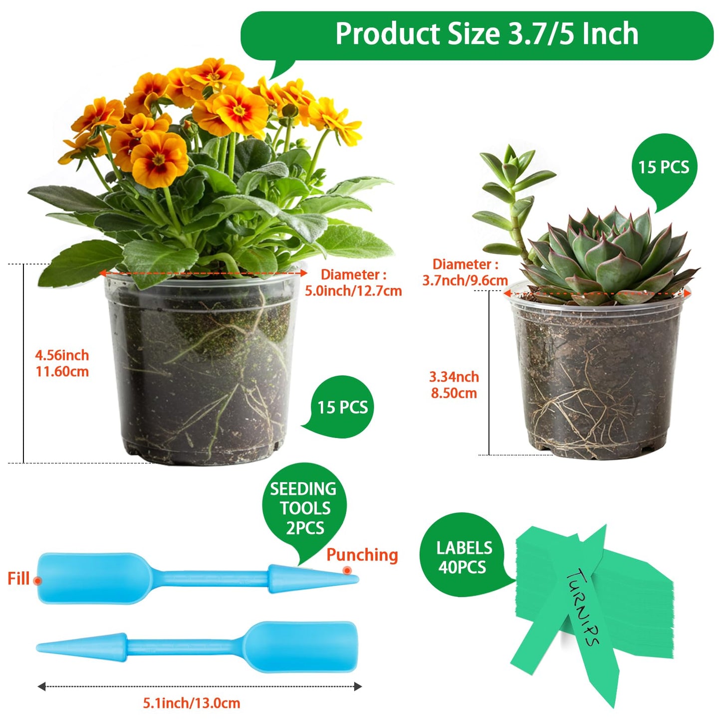 Clear Nursery Pots for Plants, 3.7/5 Inch Plastic Seedling Pots with Drainage Holes – Flexible Transparent Planters for Indoor & Outdoor Gardening, Includes 40 Plant Labels & 2 Transplant Tools