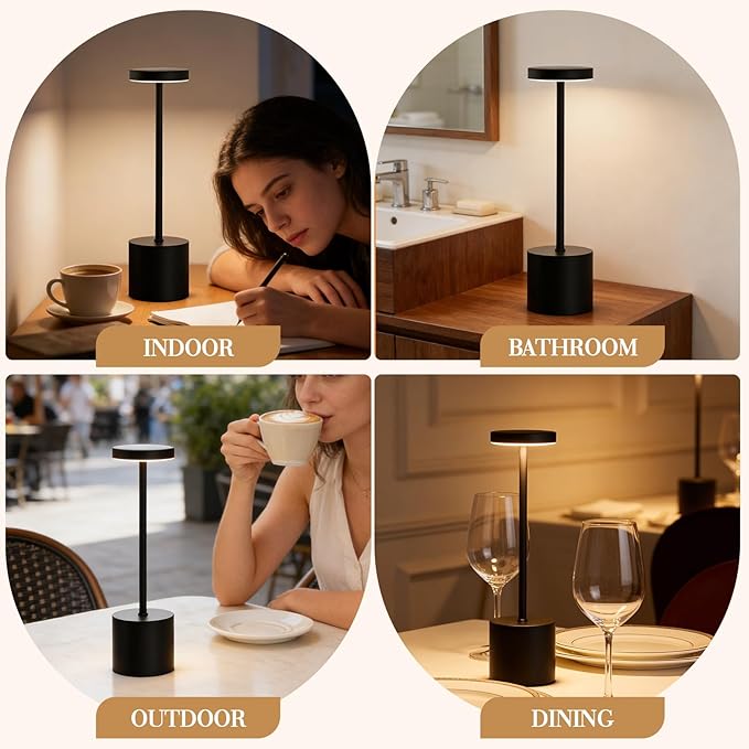 Cordless Table Lamp – 2 Pack Rechargeable Table Lamps, 5000mAh Battery Operated Lamp with 3-Color Dimmable Light, Outdoor Table Lamp for Bedroom, Restaurant, Patio, Home Décor (Black)