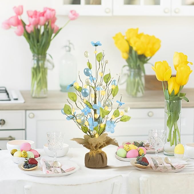 RoseCraft Easter Decorations, 18 Inch Easter Artificial Egg Tree Tabletop Decor with Delicate Ornaments, for Home Party Wedding Holiday Spring Summer Decoration, Blue/White.
