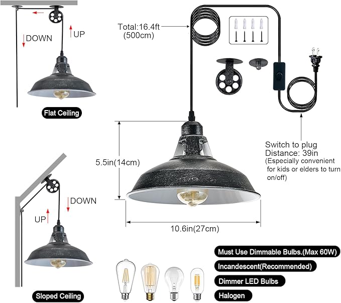 Plug in Pendant Light With Switch,Vintage Industrial Design,16.4ft Cord,Adjustable Pulley,Easy Install,Ideal For Living Room,Pool Table,Bedroom,Kitchen,Sloped Ceiling,Bar,Outdoor Shed(Silver Black)