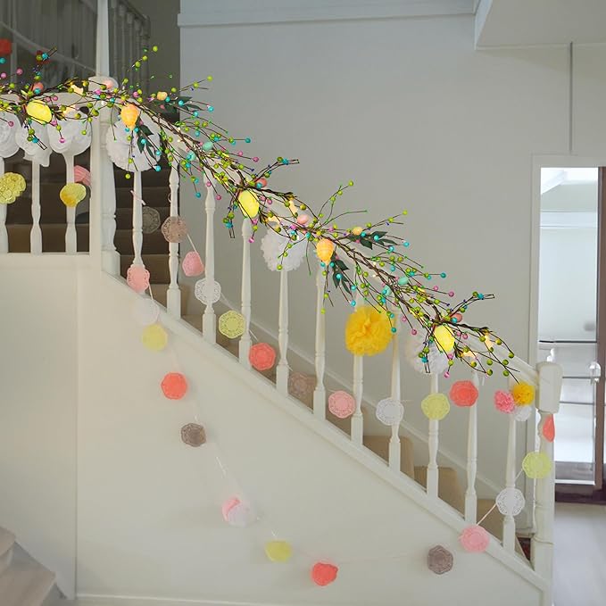 NEROSUN 6 FT Easter Egg Garland, 20 LED Battery Operated Lighted Garland with 8 Modes, Artificial Easter Garland for Indoor Outdoor Home Fireplace Party Door Decoration