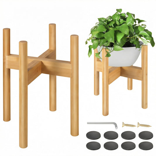 BESHOF 2 Pack Bamboo Plant Stands, Adjustable Plant Stand Indoor, Mid Century Modern Plant Stand, Plant Holder for Living Room, Balcony Fits 8 to 12 Inches Pots (Beige)
