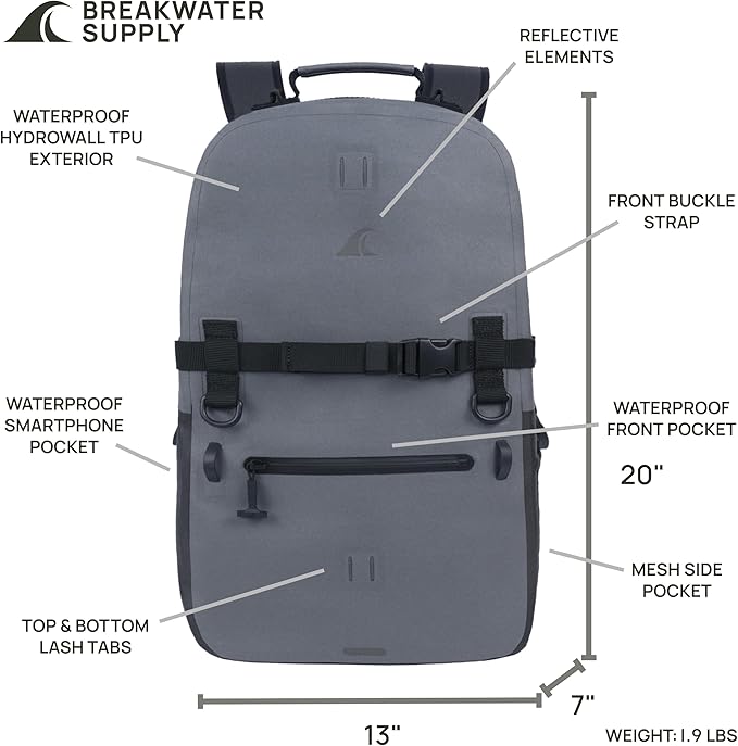 Breakwater Supply™ Waterproof IP68 Submersible Backpack with Airtight Zippers | Laptop Travel Outdoors | Fogland 25L 20L 15L | 100% Waterproof, Submersible, Airtight Zippers, Travel Outdoors