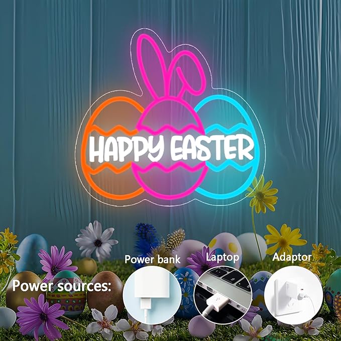 Happy Easter Neon Sign for Wall Decor Three Easter Egg Led Sign Bunny Neon Light Up Sign for Neon Wall Art Party Home Room Decor Gift for Kids