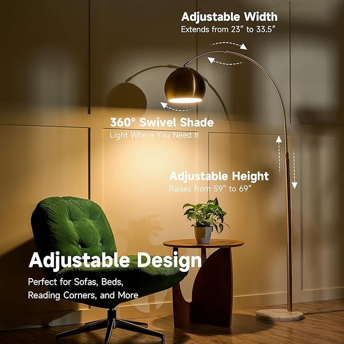 CO-Z 69" Modern Arc Floor Lamp, Gold Standing Light with Adjustable Metal Shade and Marble Base, LED Bulb Included, Contemporary Lighting for Living Room or Sofa