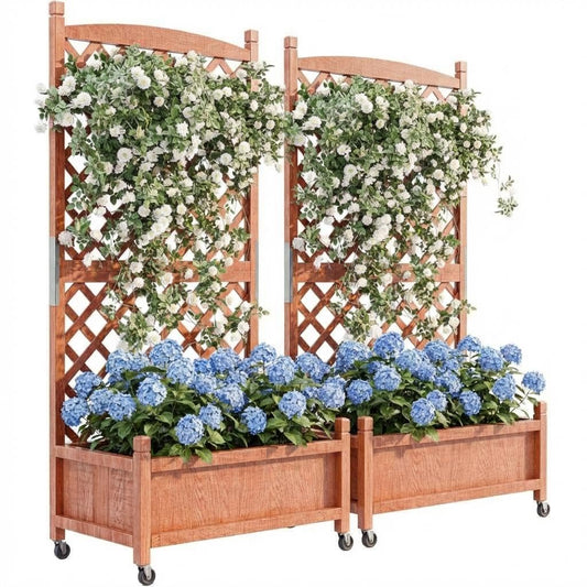 IDEALHOUS Large Raised Garden Bed with Trellis & Wheels, 61" Wooden Mobile Planter Box with Drainage Hole, Freestanding Vertical Planter for Outdoor Indoor Patio Lawn Herbs Flowers Vegetables, 2 Pack