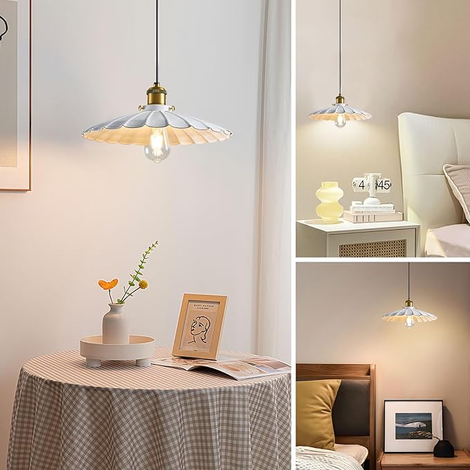 Pendant Light Fixture, White Farmhouse Vintage Hanging Lamp 15.7 Inch Lampshade with 6Ft Adjustable Light Cord Kitchen Hanging Lights Retro Island Pendant Lights for Kitchen 2Pack