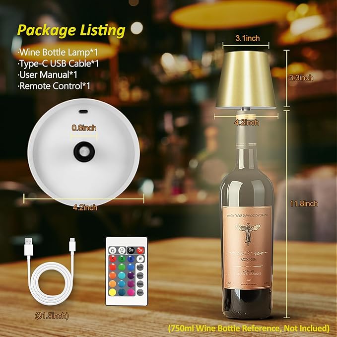 2025 New Wireless Bottle Lamp - LED Bottle Lights for Liquor & Wine Bottles, Cordless Lampshade, Whiskey Bottle Top Light, Bottle Stopper Night Light Kit, Rechargeable RGB Remote & Touch-Dimmable