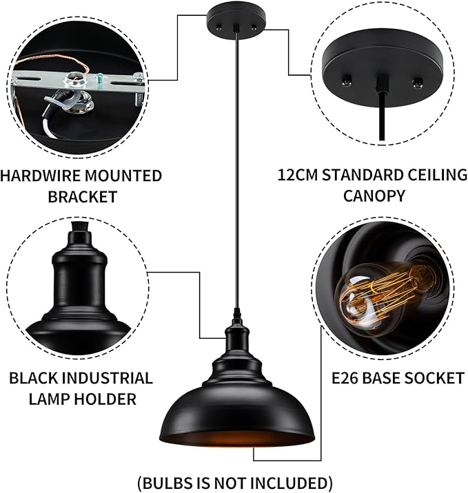 Asnxcju Farmhouse Pendant Light, Black Metal Pendant Light Fixtures, Industrial Vintage Adjustable Hanging Ceiling Light Fixture for Kitchen, Barn, Dining Room, Sink (1 Pack)