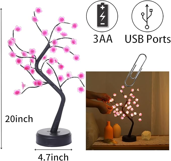 Meonua Cherry Blossom Tree Lamp, 18inch 36 Led Bonsai Tree Lights, Battery/USB Operated Japanese Decor Night Lights for Bedroom Home Idea(Warm White)