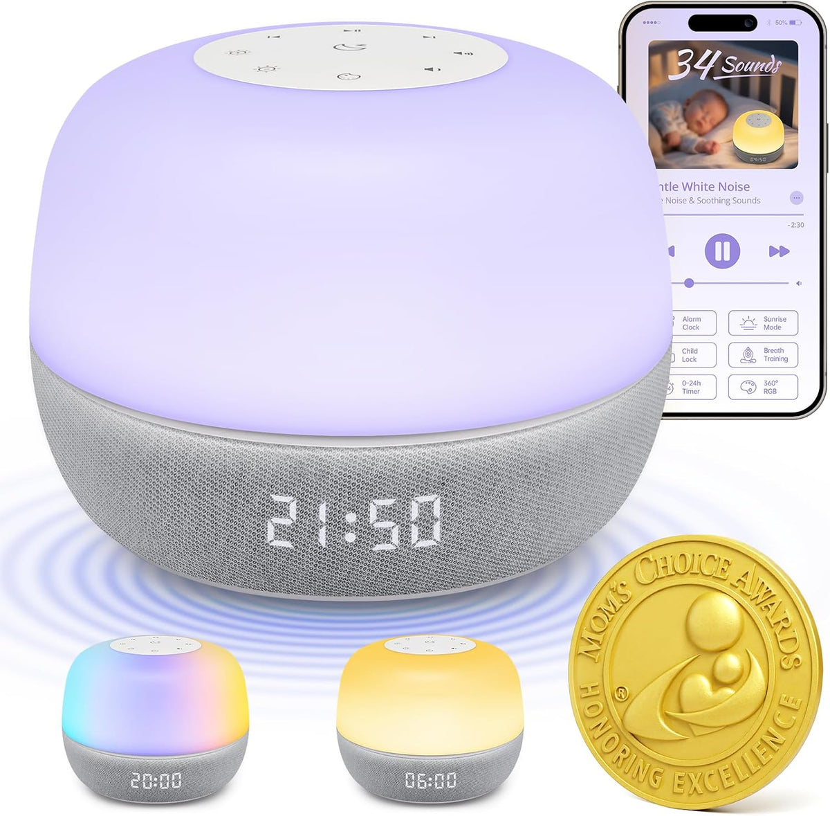 Mom's Choice Awards Sound Machine - White Noise with Sunrise Alarm & App Control | 360° RGB Night Light for Adults & Kids