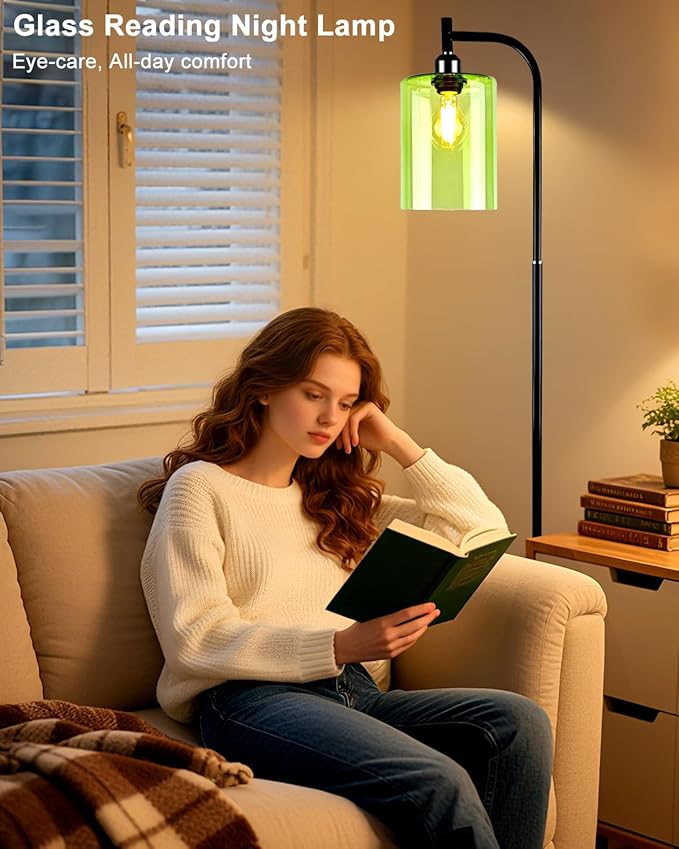 Lightdot 64IN Glass Floor Lamp for Living Room, Modern Standing Lamps with Green Ribbed Glass Lampshade& Bulb Included, Industrial Floor Lamp for Bedroom/Sofa Beside/Corner Decor-Black