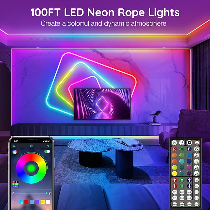 AILBTON 100 Ft Neon Rope Lights,Flexible Led Rope Lights Control with App/Remote,Multiple Modes RopeLights,IP65 Outdoor RGB Led Neon Lights NonWater Resistant,Music Sync Gaming Led NeonLight Strip