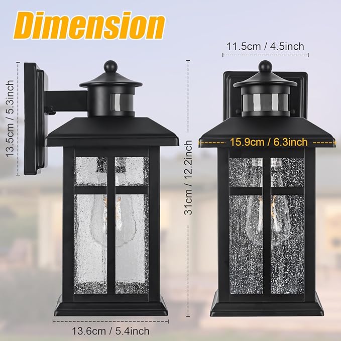 Motion Sensor Outdoor Wall Lights 2 Packs- Updated Dusk to Dawn Outdoor Lighting, Exterior Light Fixtures with E26 Sockets & Tempered Glass, Wall Mounted Black Waterproof Outdoor Lights for House