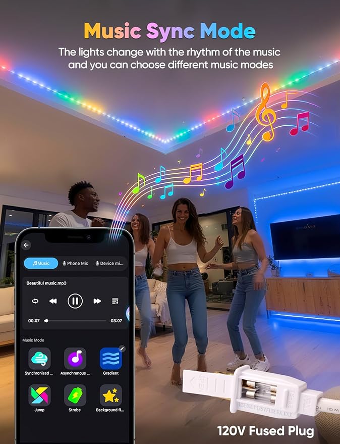 65FT Outdoor LED Strip Lights RGB+IC with Warm&Cool White, ETL Listed Music Sync Light Strip AC 120V, IP65 Waterproof and Connectable, for Party Festival Eave Porch Patio Every Day Decor