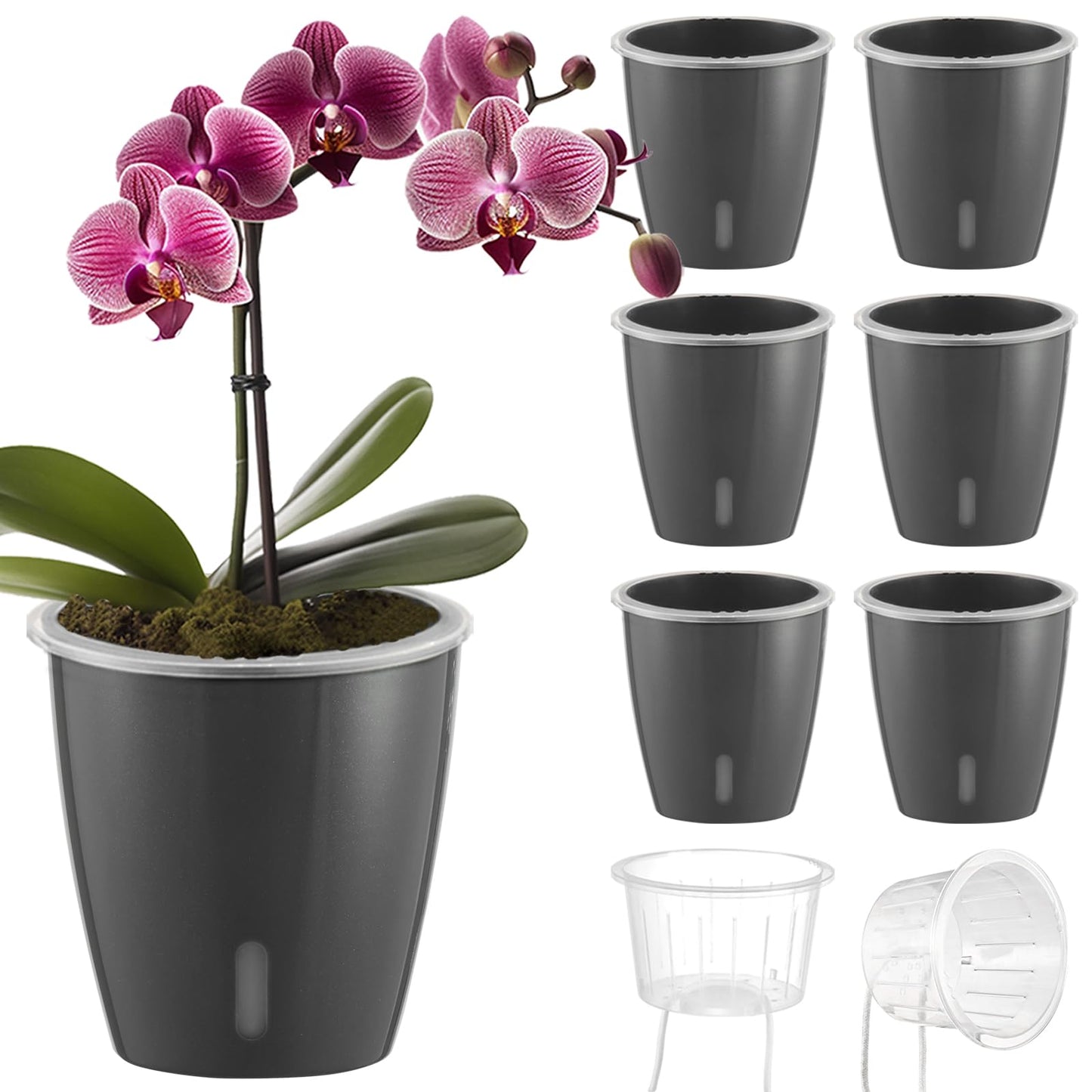 KvyusFlourish Self Watering Pots for Indoor Plants, 6-Pack 5'' Self Watering Planter with Drainage Holes, Small African Violet Pots with Water Indicator, Clear Wick Orchid Pot, Grey Gold