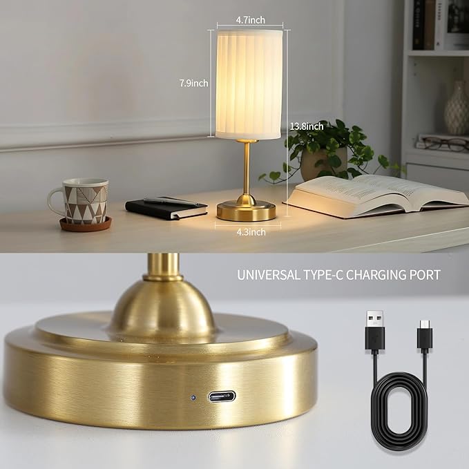 Portables Cordless Table Lamp, LED Fabric Shade Desk Lamp,Rechargeable Battery Operated，Lighting for Bedroom, Bedside,Bar,Living Room, Dining Room, Night Light (Brass)