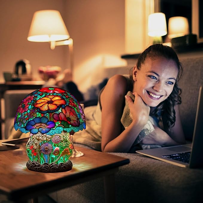 Mmoneyake Stained Plant Series Table Lamp, Painting Mushroom Table Lamp, 2023 New Vintage Decorative Bedside Lamp, Mushroom Table Lamp, for Home Livingroom Bedroom Office Decorations Lamp