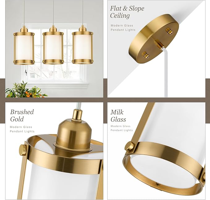 Brushed Gold Pendant Lights Kitchen Island 3 Pack, Modern Kitchen Pendant Lighting Over Island with Milk Glass, Farmhouse Brass Mini Hanging Light for Kitchen Sink Dining Room, OS-3014-3PBG