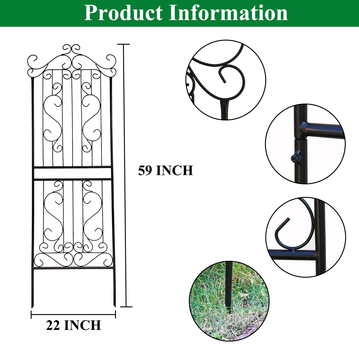 SCENDOR 1 Pack 59" H x 22" W Garden Trellis for Climbing Plants Outdoor Plant Climbing Rose Trellis Iron Trellis Ivy Cucumbers Decorative Metal Black