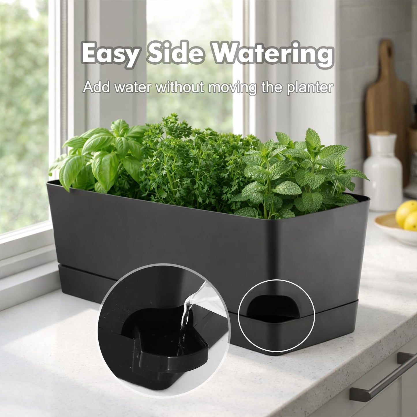 Party Zealot Self Watering Pots for Indoor Plants, 3 Pack Window Boxes Planters 17 Inch Rectangular Planter Rectangle Flower Pots Long Plant Pot Large Window Sill Herb Planter Box, Black