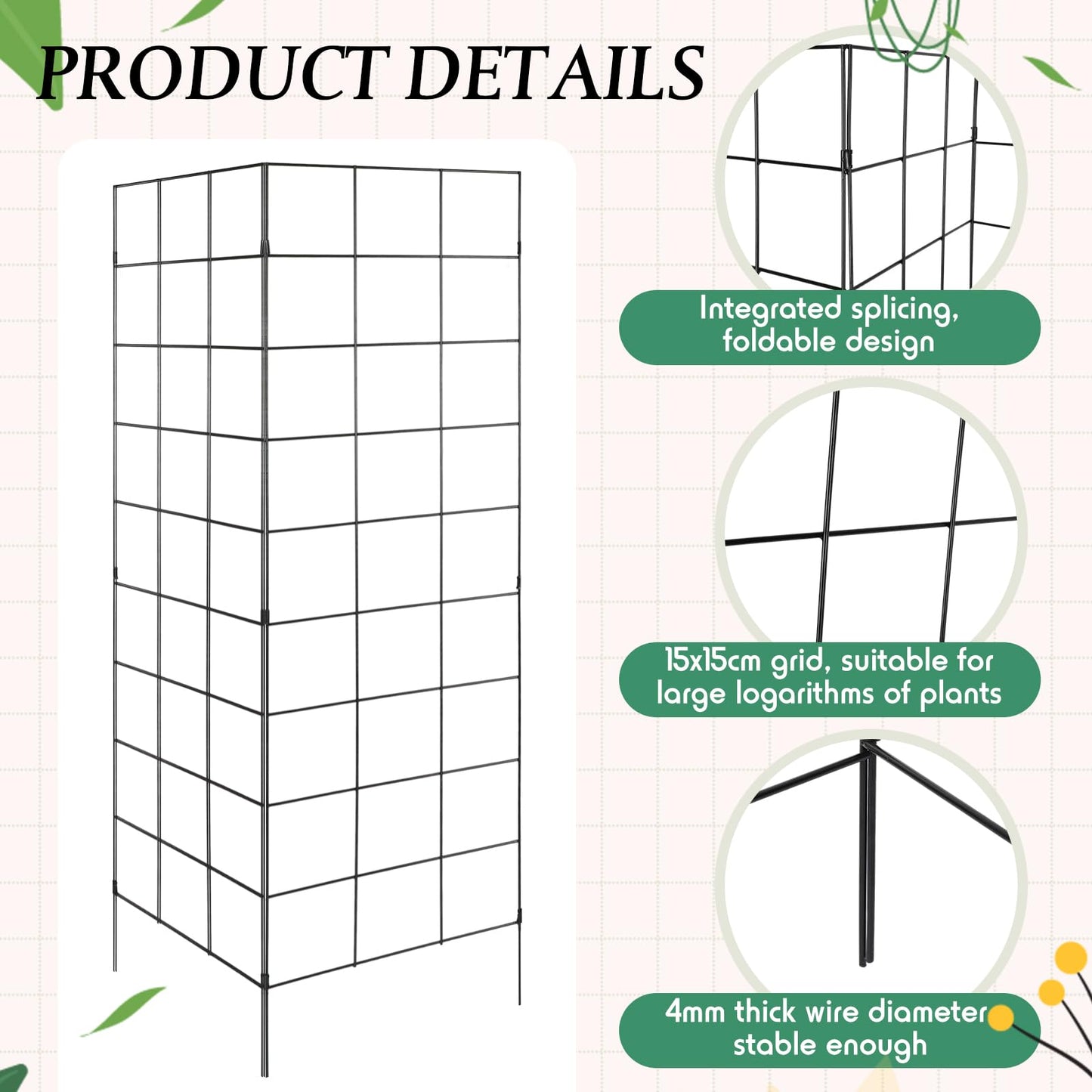 Menkxi 3 Panel Folding Garden Trellis for Climbing Plants, 52.6" W x 58" H Sturdy Metal Frame Cucumber Metal Trellis Garden Plants Support for Outdoor Pea Grape and Other Climbing Vegetable
