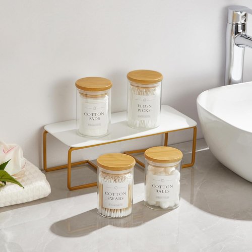 INIUNIK Qtip Holder Dispenser - 4 Pack Glass Apothecary Jars with Lids | Bamboo Bathroom Organizers