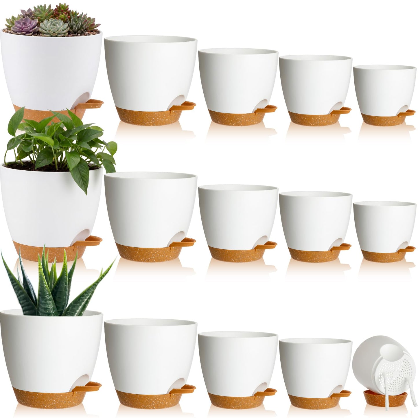 Remerry 15 Pcs 7/6.5/6/ 5.5/5 Inch Self Watering Planters with Drainage Hole Plant Pots Plastic Flower Pots Self Watering Pot and Saucer Reservoir for Garden Plant Flower (White)