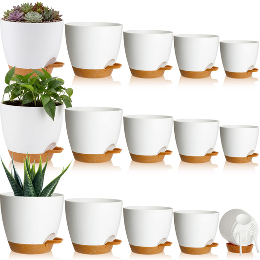 Remerry 15 Pcs 7/6.5/6/ 5.5/5 Inch Self Watering Planters with Drainage Hole Plant Pots Plastic Flower Pots Self Watering Pot and Saucer Reservoir for Garden Plant Flower (White)