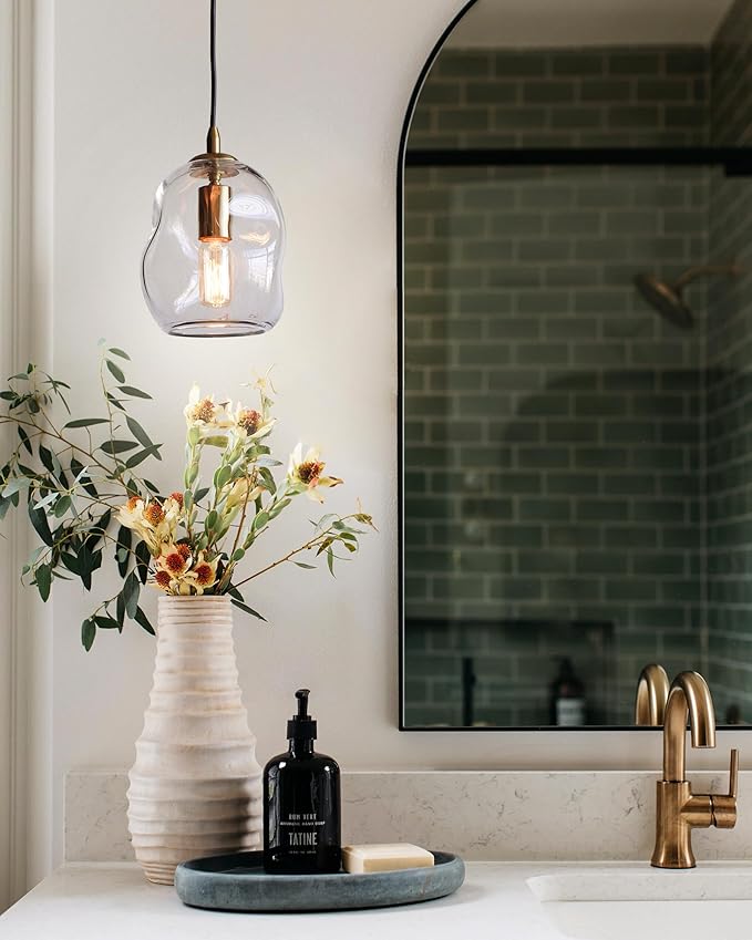 CASAMOTION Modern Glass Pendant Light Kitchen Island Gold and Clear Organic Globe Ceiling Hanging Fixtures Art Glass Industrial Design Dining Room Sink Bar Counter Porch Small Medium Lamp 8 Inch H