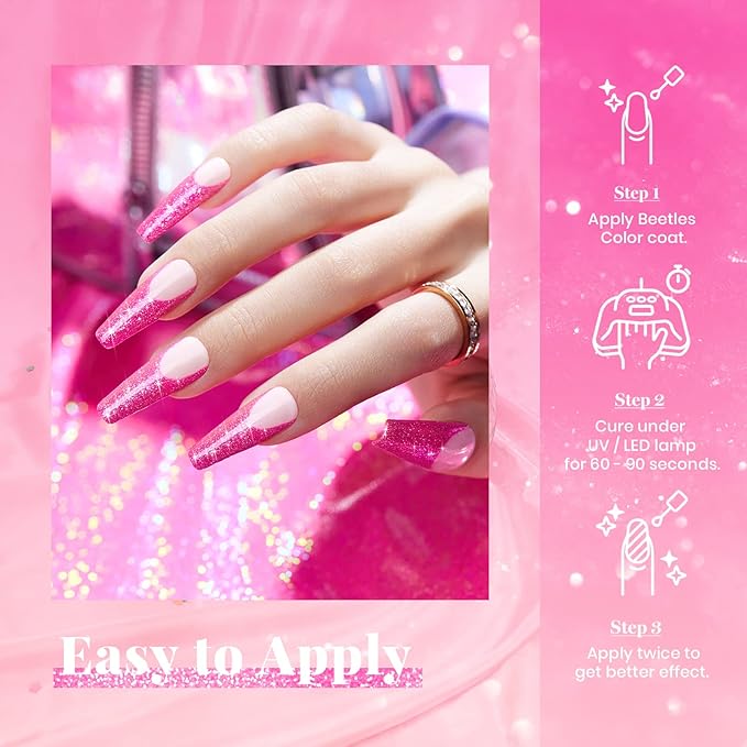 Beetles Glitter Gel Nail Polish - 15ML Hot Pink Reflective Diamond Color Soak Off Sparkle Gel UV Nail Lamp Nail Art Manicure Salon DIY at Home Gifts for Women