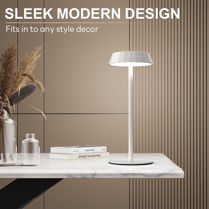 EppieBasic Cordless Table Lamp Rechargeable: Portable & Minimalist Design - 2700K Warm Light Metal Lamps for Living Room, Dining, Corner Table - White