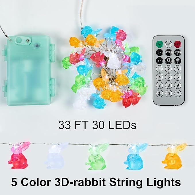 KAiSnova Easter Decorations Lights String 10ft 30 LEDs Bunny Light Easter String Lights Battery Operated with Remote 3D Rabbit Shaped Bunny Decor for Indoor Outdoor Home Party Bedroom