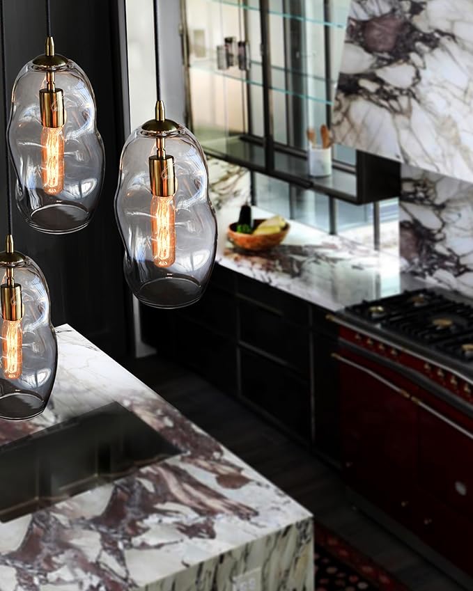 CASAMOTION Pendant Lights Blown Art Glass Modern Kitchen Island Lighting Bedroom Dining Room Table Foyer Entryway Hallway Brass Gold Kit Clear Large Lamp 12" Inch 1 Pack