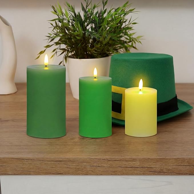 3 Pcs St Patrick s Day Flameless Candles Battery Operated Wax LED Flickering Flameless Pillar Candles with Remote for Home Table Wedding Holiday Party Decor