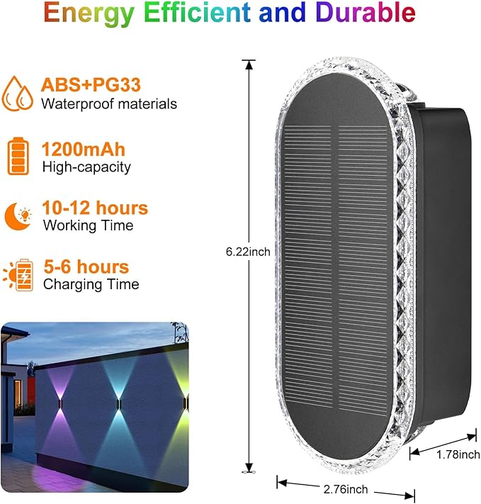 Ellasay Solar Fence Lights Backyard: 8-Pack Fence Lights Solar Powered 8 WRGB Color Modes - Up & Down Waterproof Solar Wall Lights for Outdoor/Yard/Poolside/Porch/Patio/Railing