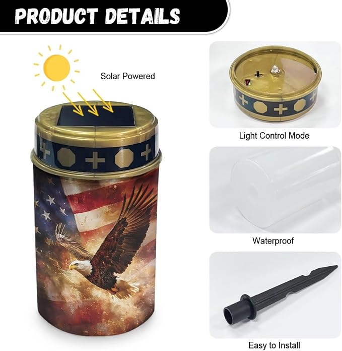 Eagle Flag USA Flag Prayer Cemetery Solar Lights for Grave Cemetery Decor Candle Lamp Cross and Floral Grave Solar Lights