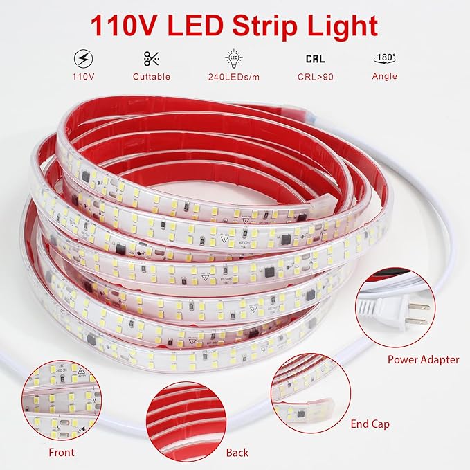 6.56 ft Flexible 110V LED Light Strip Outdoor Waterproof Rope Lights SMD 2835 240LEDs/m 6000K LED Tape Light 2M Cuttable Under Cabinet Lighting for Bedroom Indoor Outdoor Decor
