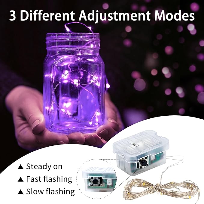 50 Pack Purple Fairy Lights 7Ft 20 LED Twinkle String Lights 3 Modes Battery Operated Waterproof Firefly Starry for Mason Jar Wedding Halloween Christmas Valentines Day Party Table Centerpieces