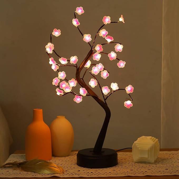 Meonua Cherry Blossom Tree Lamp, 18inch 36 Led Bonsai Tree Lights, Battery/USB Operated Japanese Decor Night Lights for Bedroom Home Idea(Warm White)