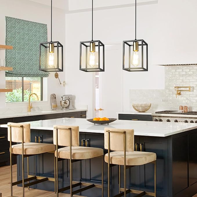 3 Pack Farmhouse Black and Gold Pendant Lights, Hanging Lamps for Living Room Entryway Foyer Indoor, Cage Lantern Kitchen Island Dining Room Light Fixture, Modern Matte Black Industrial Iron Light