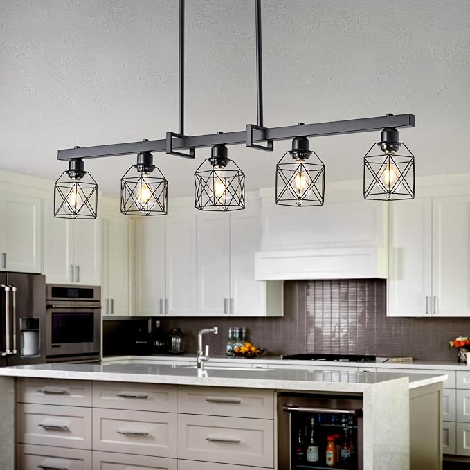 5-Light Modern Farmhouse Island Lighting, Adjustable Height Black Rustic Chandelier with Matte Black Geometric Shade, E26 Base Hanging Light for Dining Room Over Table